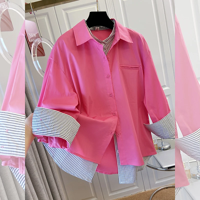 

Korean Style Fake Two Piece Women's Shirts for 2025 Autumn Loose Rose Pink Lady Blouse Cotton Female Blause Tops KE4330