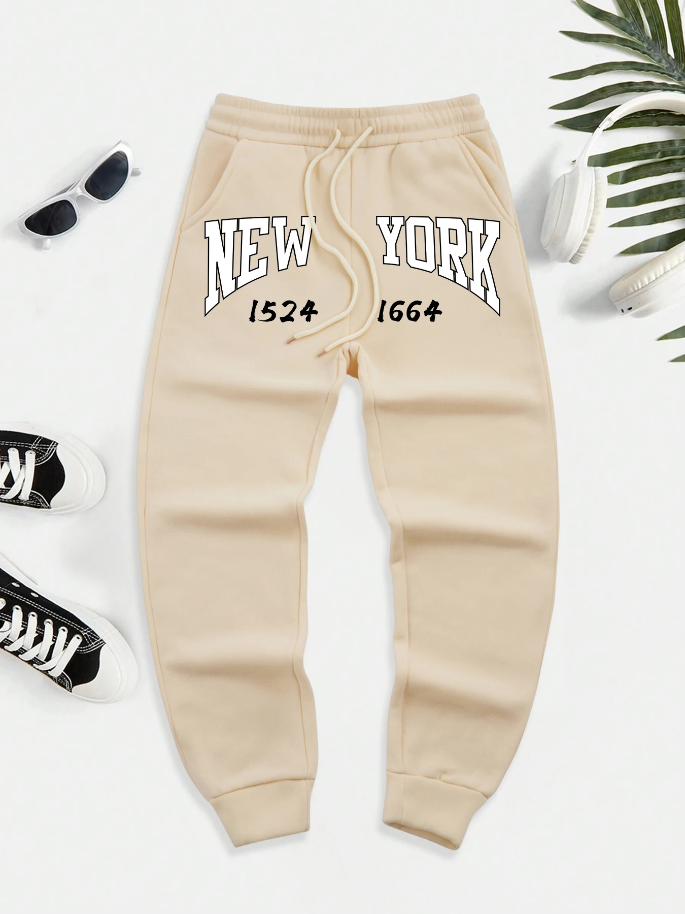 

New York 1524-1664 Pattern Men Comfy Casual Pant Autumn Street Britches Trendy Elastic Waist Sportpants Pocket Fleece Trousers