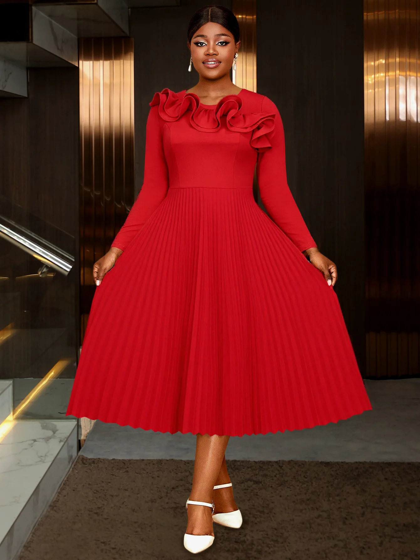 

plus Size Red Wedding Dress round Neck Lotus Leaf Shape 3D Long Sleeve Pleated High Waist Banquet Gown for Women