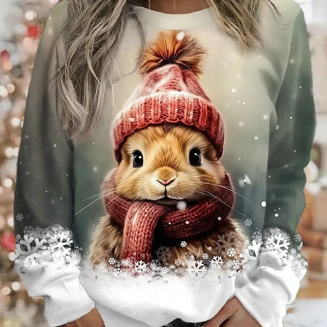 Cross border women\'s clothing hot selling new 3D digital printed Christmas bunny cute round neck pullover long sleeved T-shirt i