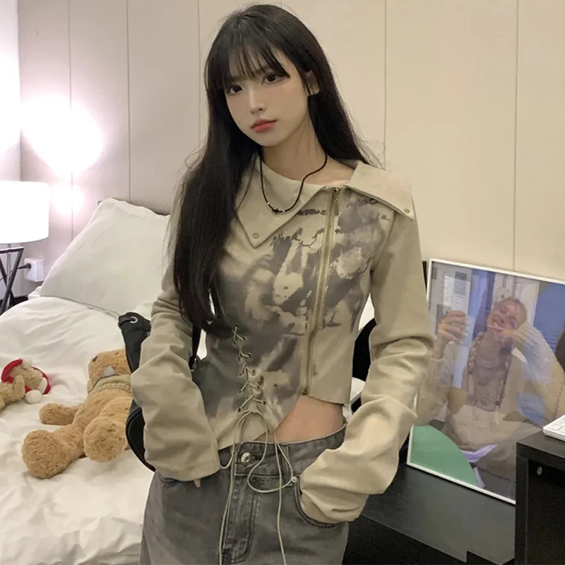 

Chic Print Irregular Long Sleeve T Shirt Women Korean Fashion Warm Turn Down Collar Lace Up Shirt Vintage Sexy Zipper Tees New