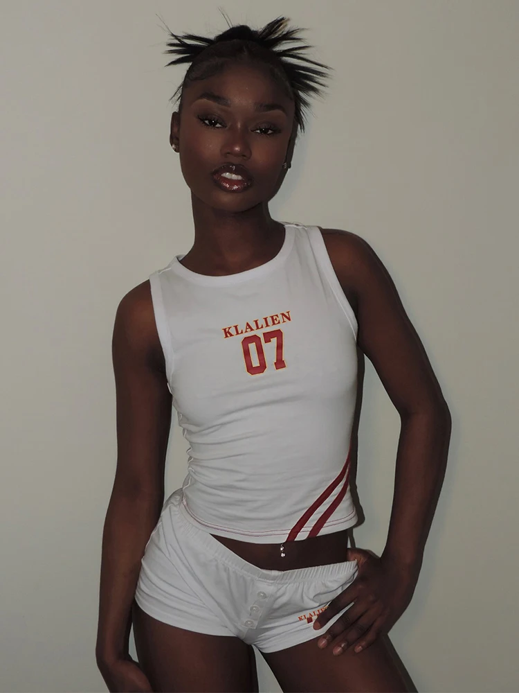 

kliou Letter Print Women 2 Piece Set Casual Summer Tracksuits O-neck Stripe Panelled Slim Vests+Matching Shorts Female Outfits