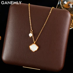 GANEMLY 316L Stainless Steel White Shell Stone Pendant Necklace For Women Fashion Neck Chain Waterproof Jewelry Gift Collar