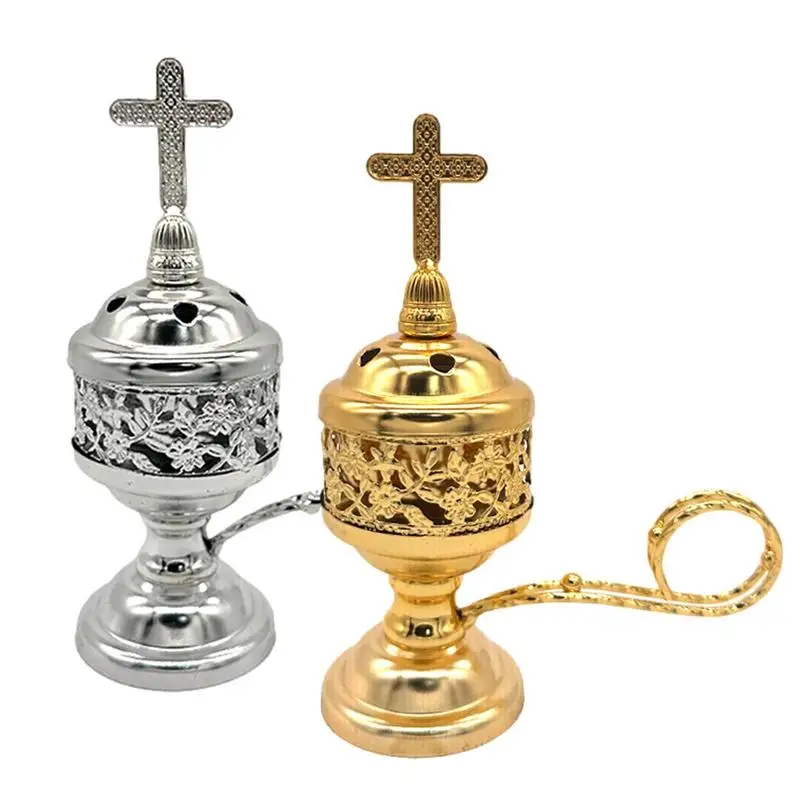 European Style Household Incense Burner Censer Cone Holder With Cross Small Brass Plated Incense Burner Bronze Color Catholic