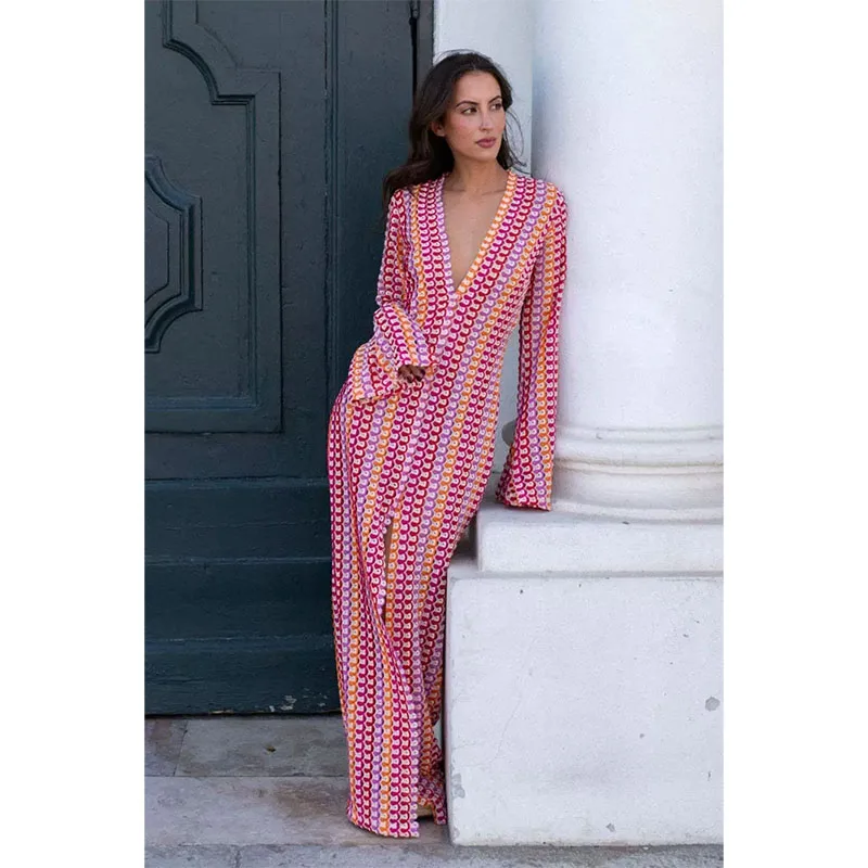 

Summer crochet colored striped long skirt for women with flared sleeves V-neck high opening sexy long skirt slim fit design