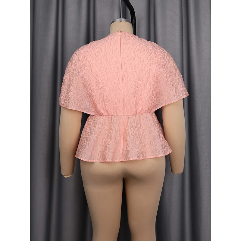 Picture 5: Slergiri Plus Size Floral Embroidery V-neck Peplum Blouse Women Summer Party Elegant Office Ladies Batwing Sleeve Shirt Tops