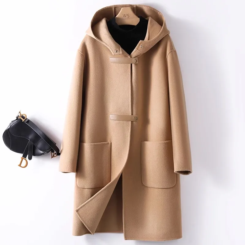 Fashion Hooded Double-sided Cashmere Coat Women 2024 Autumn Winter Double-sided Woolen Windbreakers Temperament Slim Wool Coats