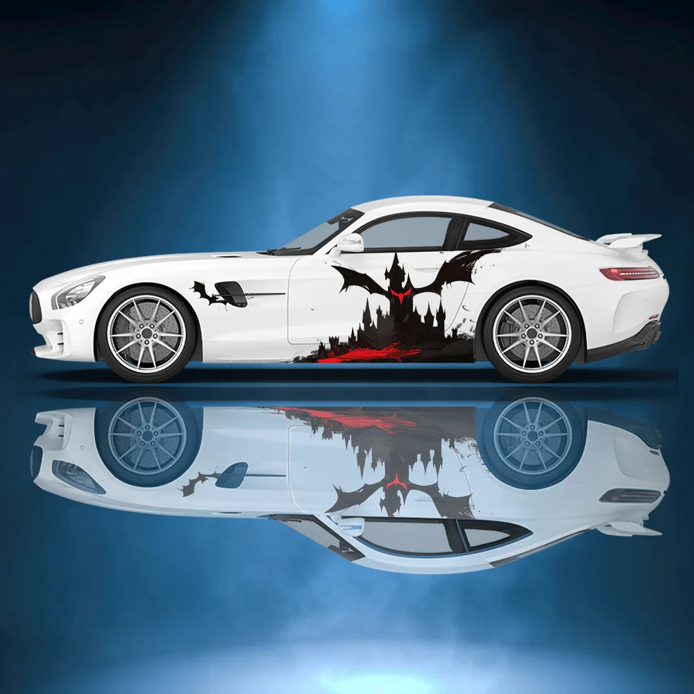 

Черный замок ужасов, красная летучая мышь, наклейка на автомобиль, наклейка на весь корпус, цветочное украшение, покрытие от царапин, защита автомобиля, водонепроницаемая наклейка