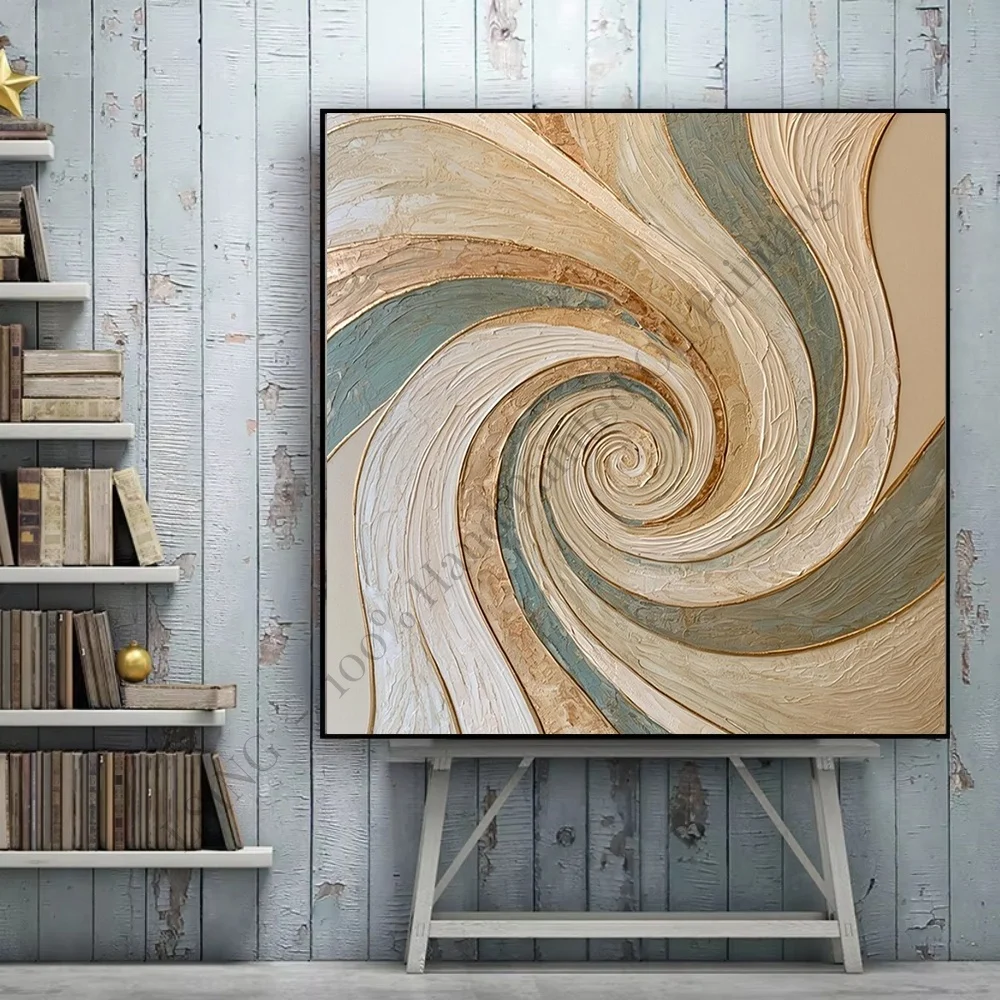 100% Hand Painted Oil Painting Canvas Wall Art Gold Spiral Swirl Blue Green Abstract Luxury Textured Home Decor Living Room Art