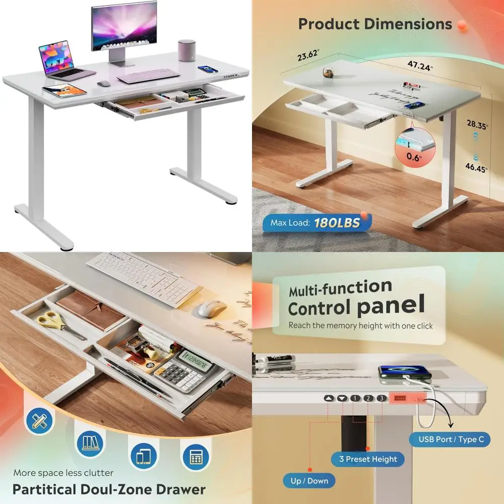 مكتب قائم كهربائي بارتفاع قابل للتعديل مع أدراج، سطح زجاجي كامل القطعة مقاس 48 بوصة، تجميع سريع، أبيض #1