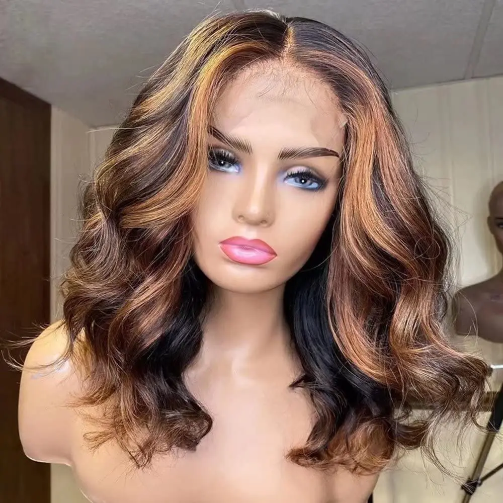 Body Wave Bob Wig Human Hair 13X4 Lace Front Wigs Pre Plucked Glueless Wear and Go Short Bob Wig Human Hair Pre Cut Natural Hairline Wigs for Black Women 14 Inch P4/27 Ombre Blonde