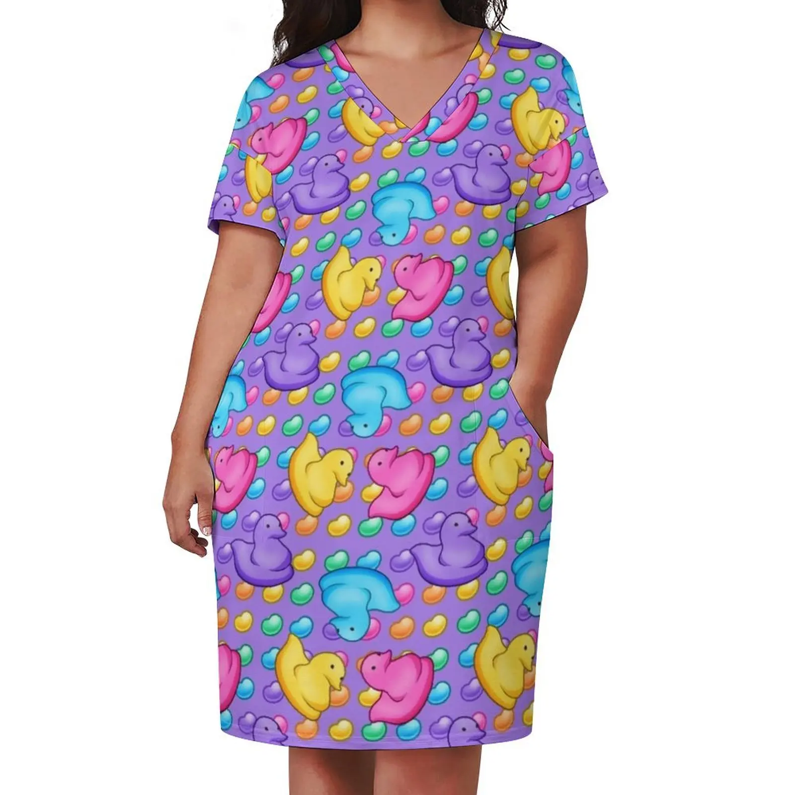 Marshmallow Peeps w/ Rainbow Jelly Beans on Purple - Easter Peep Chick Loose Pocket Dress womens clothing dress party night