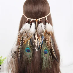 2023 Fashionable Boho Feather Headband Wig Beaded Feather Headdress Handmade Hair Clip Girl Hair Accessories gift High Quality