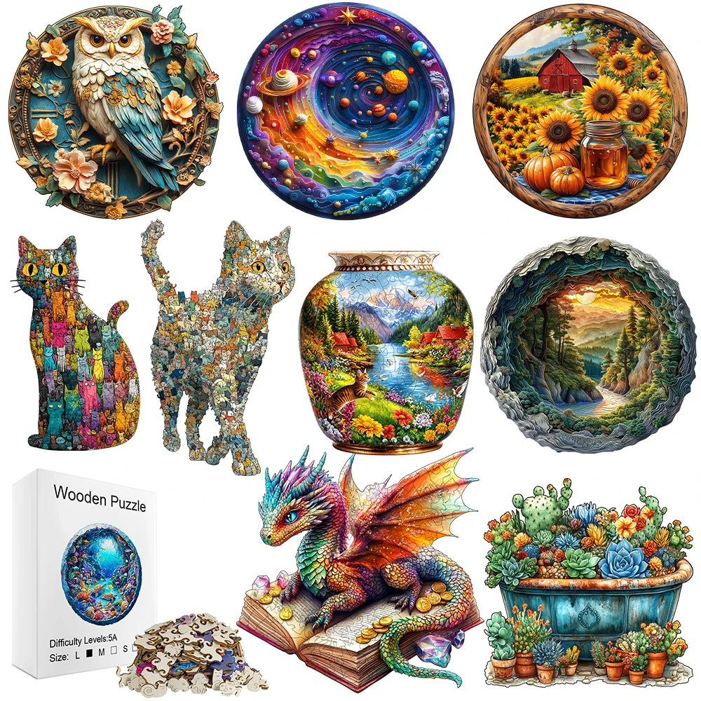 Round Wooden Jigsaw Puzzle, Scenery Space Ocean Sunflower Forest Pattern, Irregular Animal Shaped Pieces, 5A Difficulty Home Dec