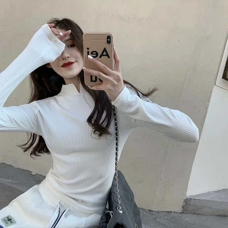 

Pullovers Women Mock Neck Trendy BF Design Long Sleeve Slim Inside Thicken Sweater Elastic Female Korean Style Clothes Hot Sale