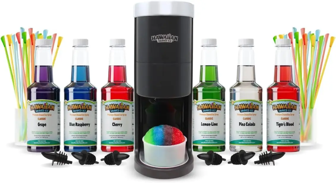 Shaved Ice HomePro Shaved Ice and Snow Cone Machine Kit, 6-16oz. Syrup Flavors Cherry, Grape, Blue Raspberry, Tiger’s Blood