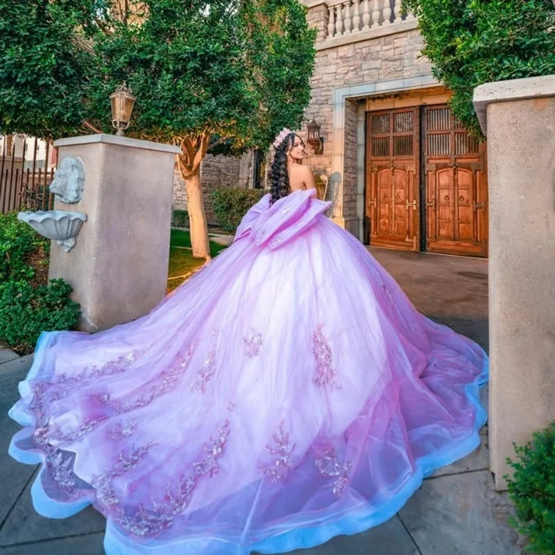Розовые платья Quinceanera по индивидуальному заказу с открытыми плечами, сексуальная аппликация, многослойное кристаллами, тюлевое платье с большим бантом, Vestido De 15, Quinceanera