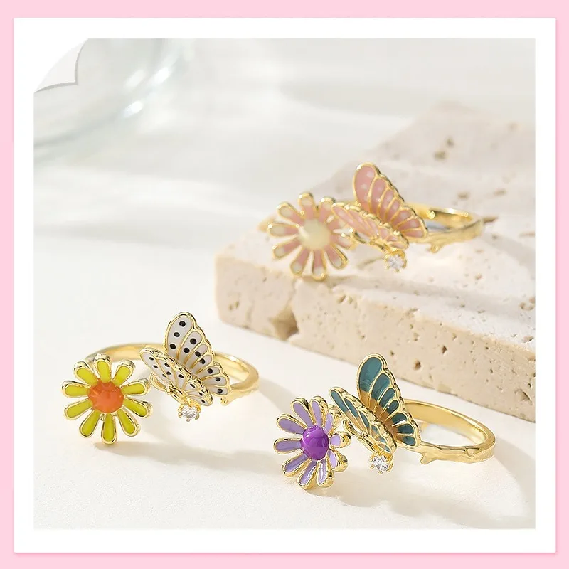 

Французское легкое роскошное модное кольцо с эмалью и глазурью в виде бабочки и цветка, женское, не выцветающее, регулируемое, с открытым концом