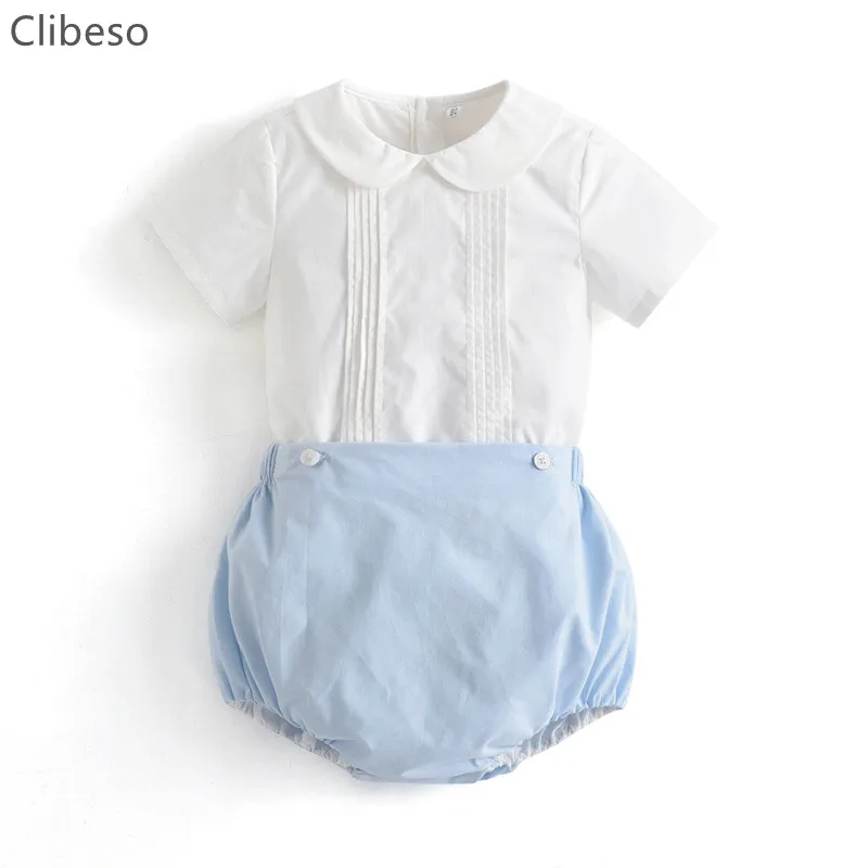 

Clibeso 2024 Summer Baby Boy Spanish Clothes Set Children White Cotton Shirt Peter Pan Collar Blue Linen Shorts Bloomers Outfits