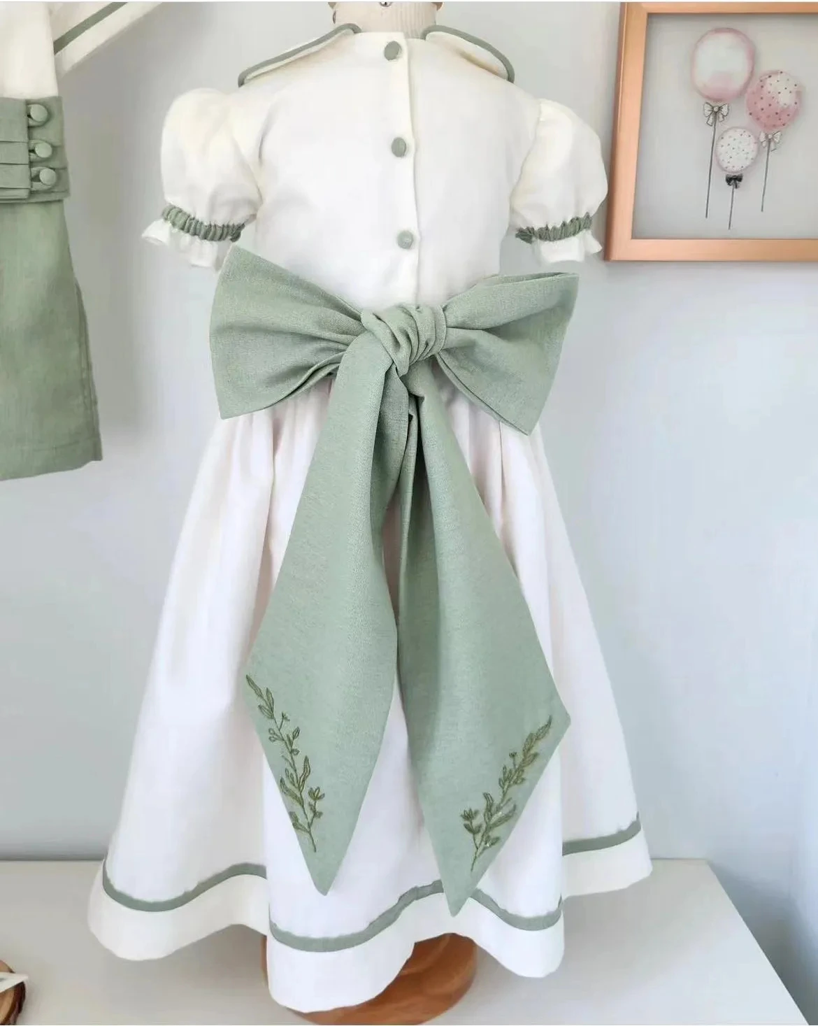 1-12Y Baby Girl Summer Handmade Embroidery White Green Dress Boy Suite for Birthday Holiday Photography Eid Casual