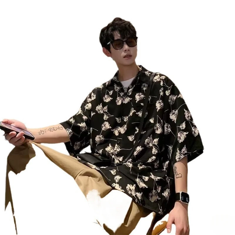 

140KG Beach Shirt Hong Kong Style Summer Male or Female Short-sleeved Senior Wear Fashion Printed Ice Silk Coat Couples Shirts