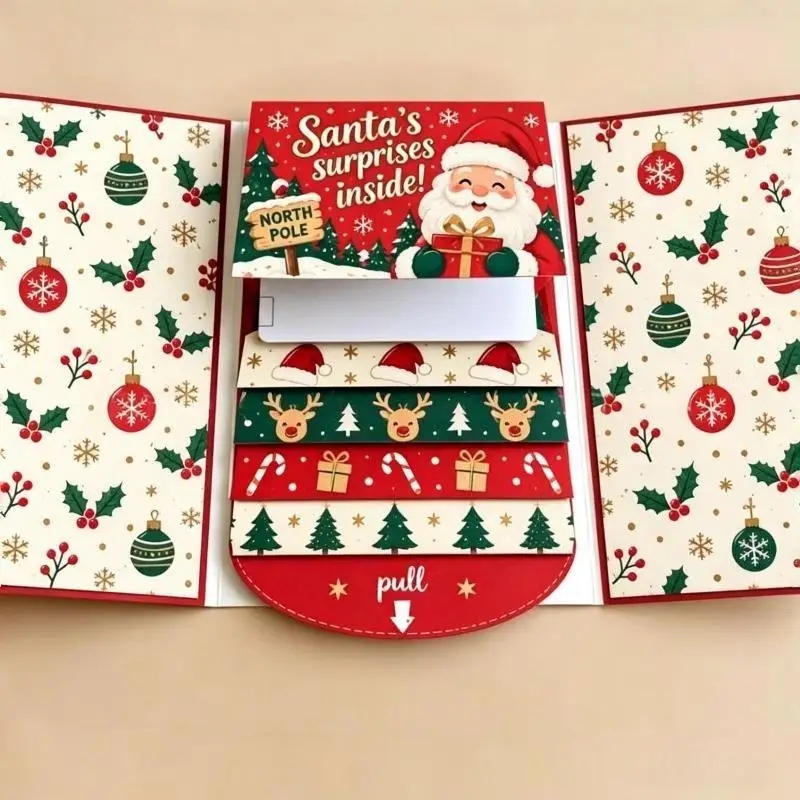 Handmade Christmas Gift Card Holder Book Waterfall DIY Surprise Cards With Envelope Pull-out Design Merry Xmas Gift Card Book