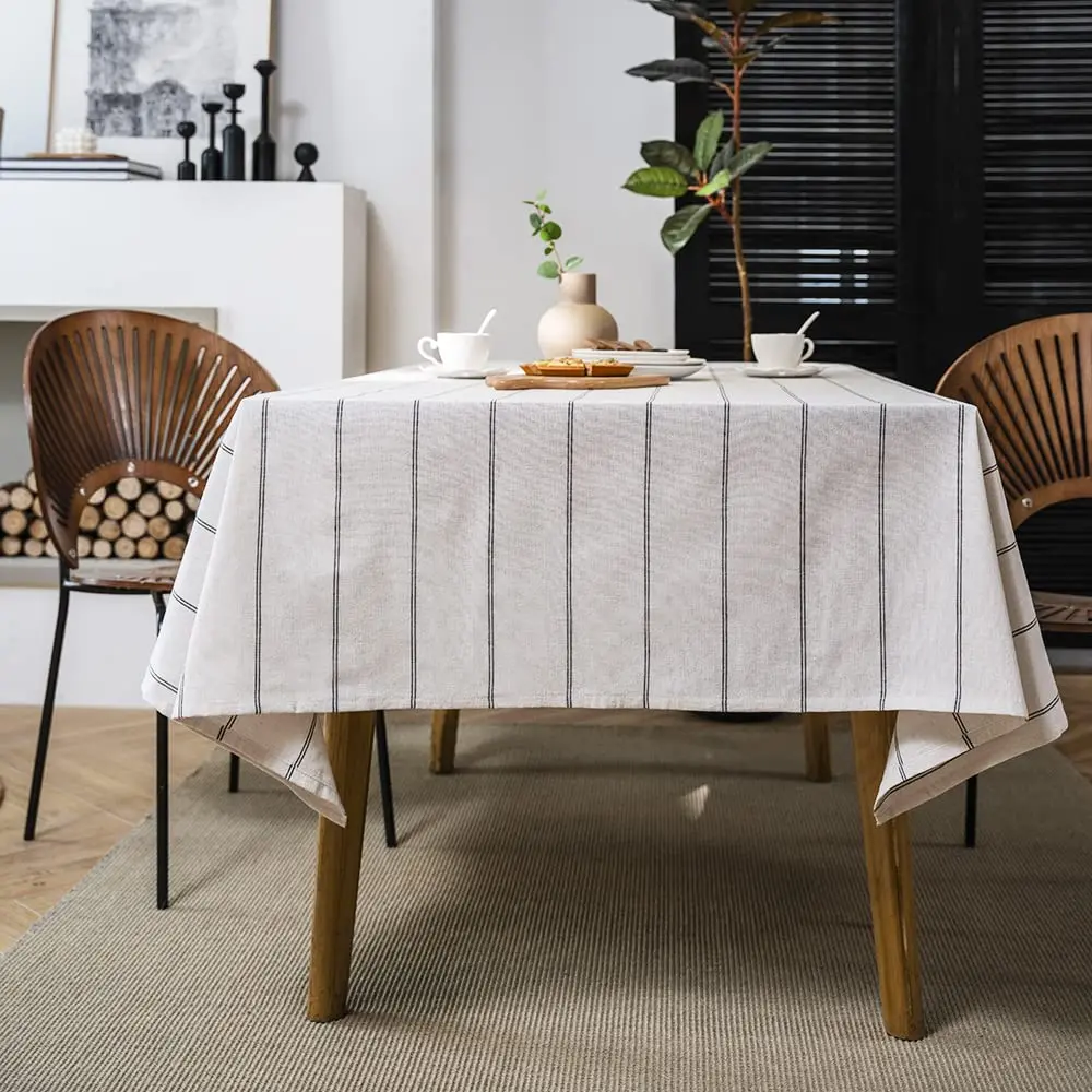 Cotton Linen Table Cloths Boho Farmhouse Heavy Fabric Table Cover Burlap Striped Washable Table Top for Kitchen Picnic Rectangle