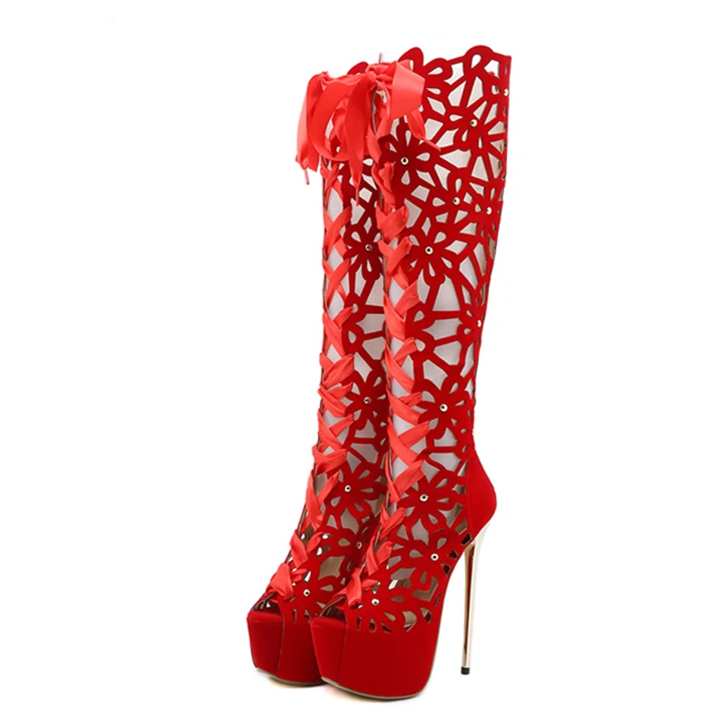 Liyke Thin High Heels Sexy Nightclub Hollow Out Narrow Band Over The Knee Boots Women Peep Toe Lace-Up Platform Shoes Sandals