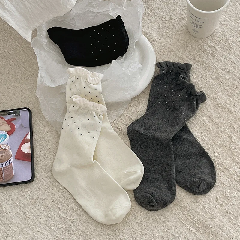 1/3 pairs Elegant simple lace small round dot pile socks women fashion versatile mid tube socks casual comfortable women's socks