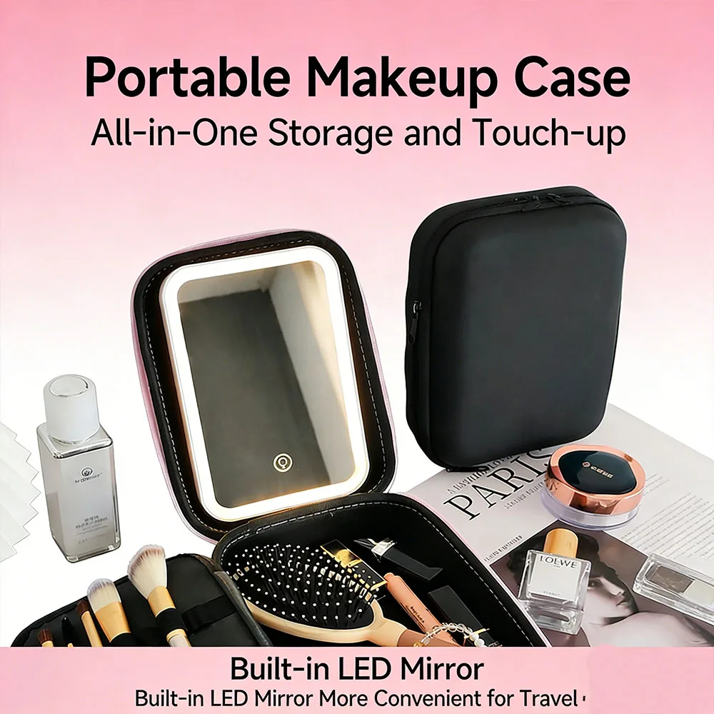 Women's Portable LED Travel Makeup Bag with Mirror Handheld Partition Brush Case Advanced Cosmetic Organizer