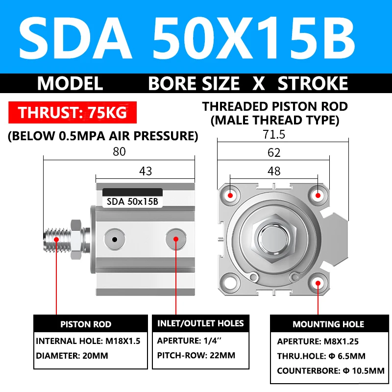 ABILKEEN SDA50X15B SDA Series Thin Air Cylinder 50MM Male Thread Bore X 15MM Stroke Double Acting Pneumatic Compact Cylinder