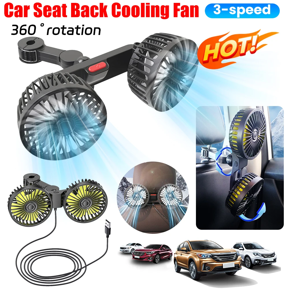 3-Speed Car Seat Back Cooling Fan 360° Adjustable Dual Head Fan Auto Headrest Ventilation Fan Brushless Fan Car Accessories