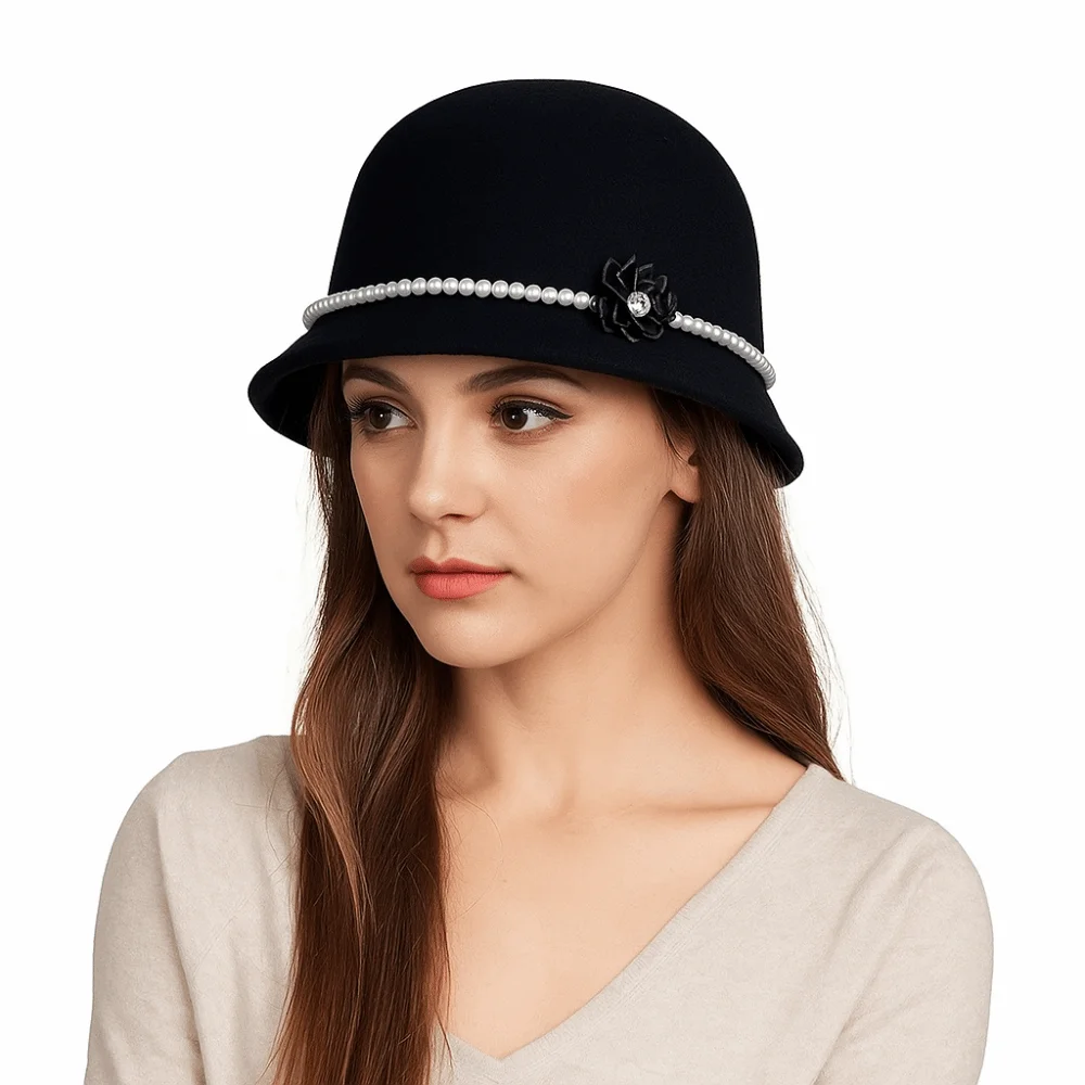 Винтажная шляпа-топпер с жемчужным цветком, однотонная рыбацкая шляпа во французском стиле, шерстяная теплая шерстяная панама, осень-зима