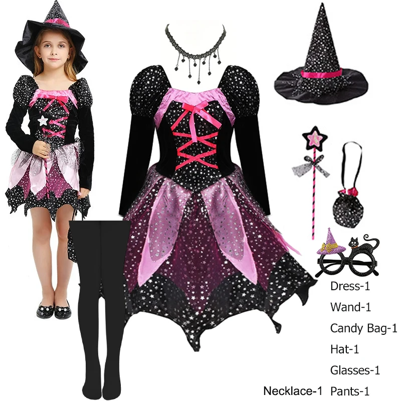 Kinder Glitzer-Stern-Hexen-Kostüm Langarm Unregelmäßiger Netzrock Komplettes Zubehör Mädchen Halloween Trick-Or-Treat Partykostüm – Detail 2