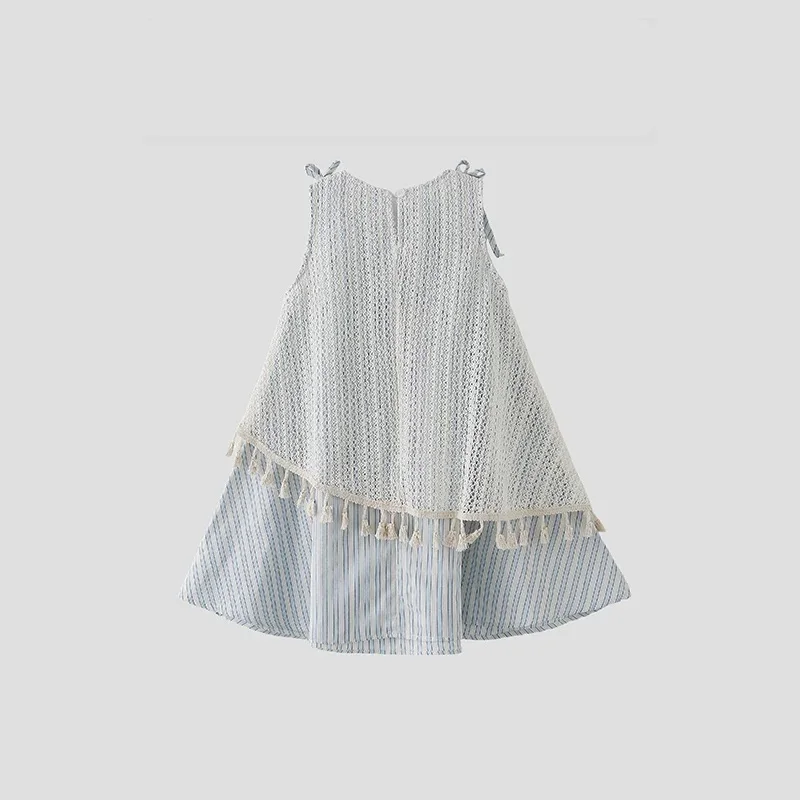 Girls' Striped Dress 2026 Summer New Style Tassel Hollow Lace Cover-Up Fake Two-Piece Little Girl Princess Dress