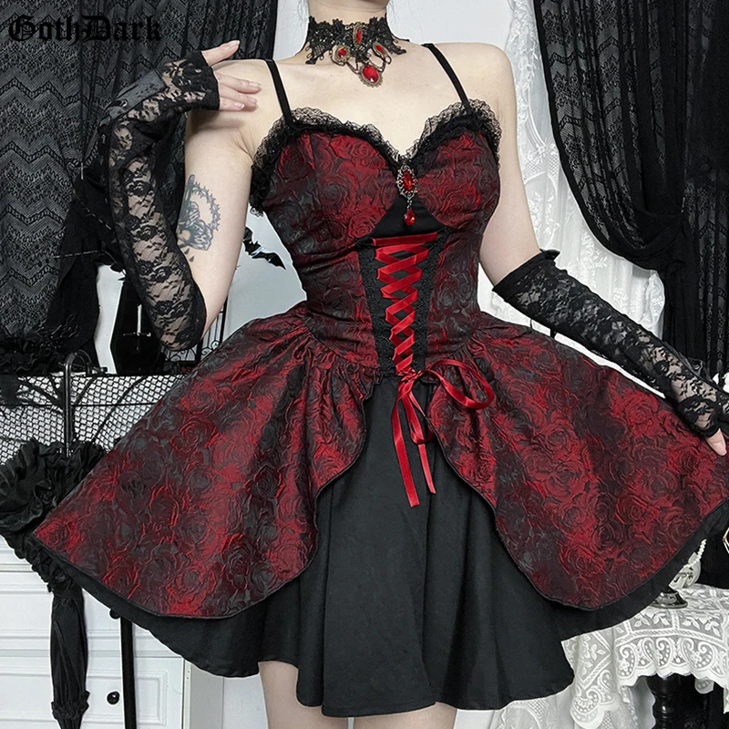 

Goth Dark A-Line Lace Bandage Gothic Mini Dress Outfits Mall Goth Embellished Bow Lace Up Jacquard Dresses Women Party Clubwear