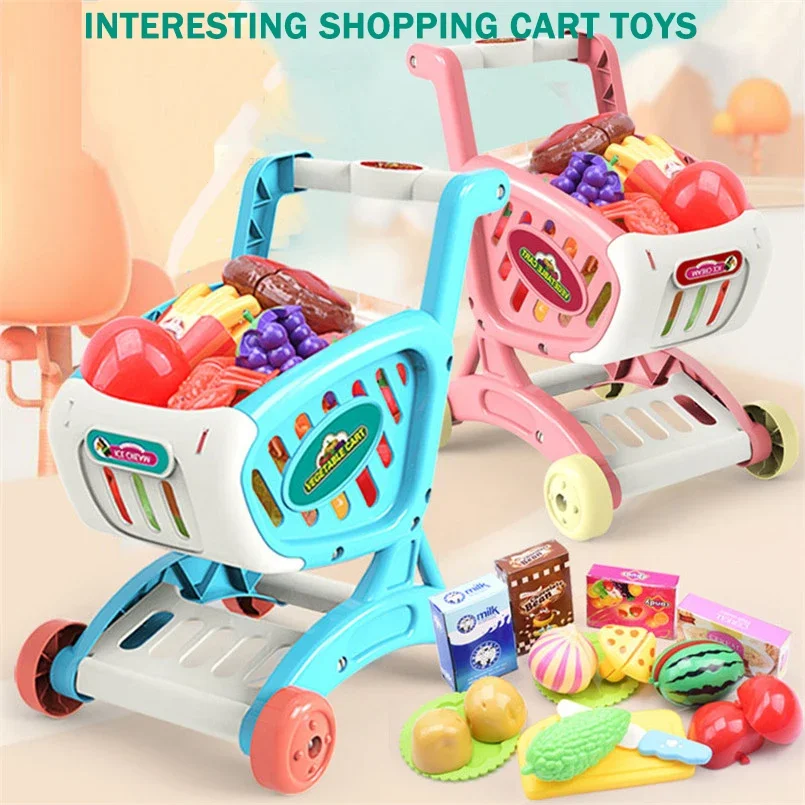 Mini Kids Shopping Cart Set Toys Cuttable Fruit Vegetable Children Handcart Pretend Play Strollers Gift for Boys Girls