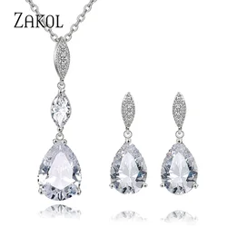ZAKOL Brand Water Drop Zirconia Jewelry Set High Quality CZ Crystal Stone Earrings & Pendent Necklace Set For Women Girl FSSP363