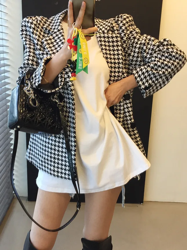 

Autumn Winter Plaid Woolen Coat Women's Korean Sle Bubble Sve Belted Slimming Vintage Double Breasted Long Sve Top