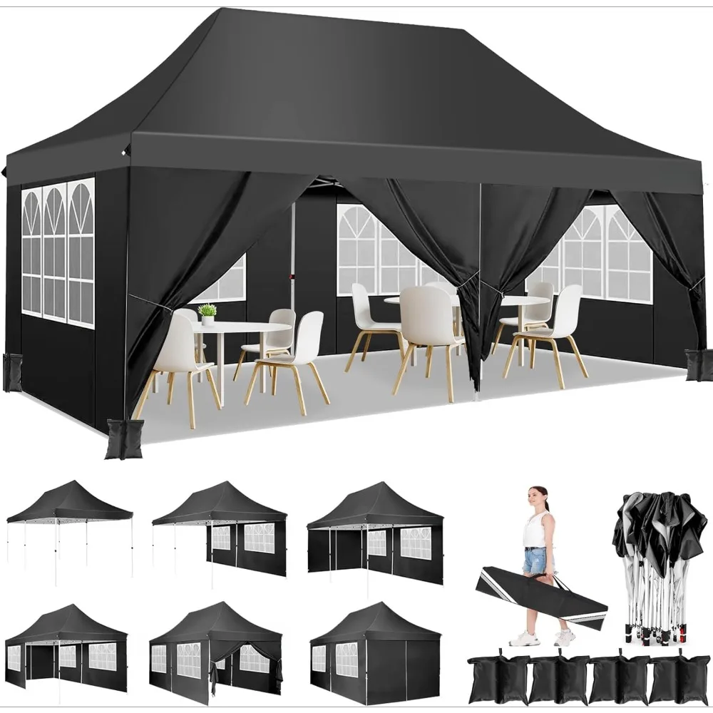 10x20ft Pop Up Canopy Tent with Sidewalls, Easy Up Commercial Canopy, Waterproof and  Gazebo with Portable Bag,Black