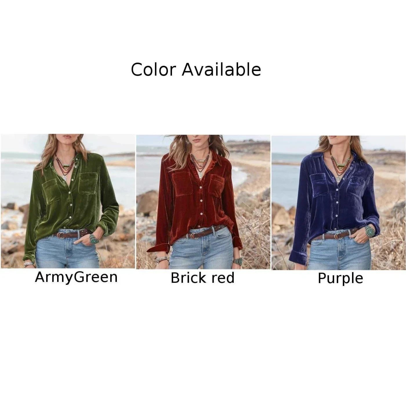 Brand New High Quality Shirts V-neck Fashion Spring Autumn Women Retro Velvet Blouse ArmyGreen Brick Red Gold Velvet