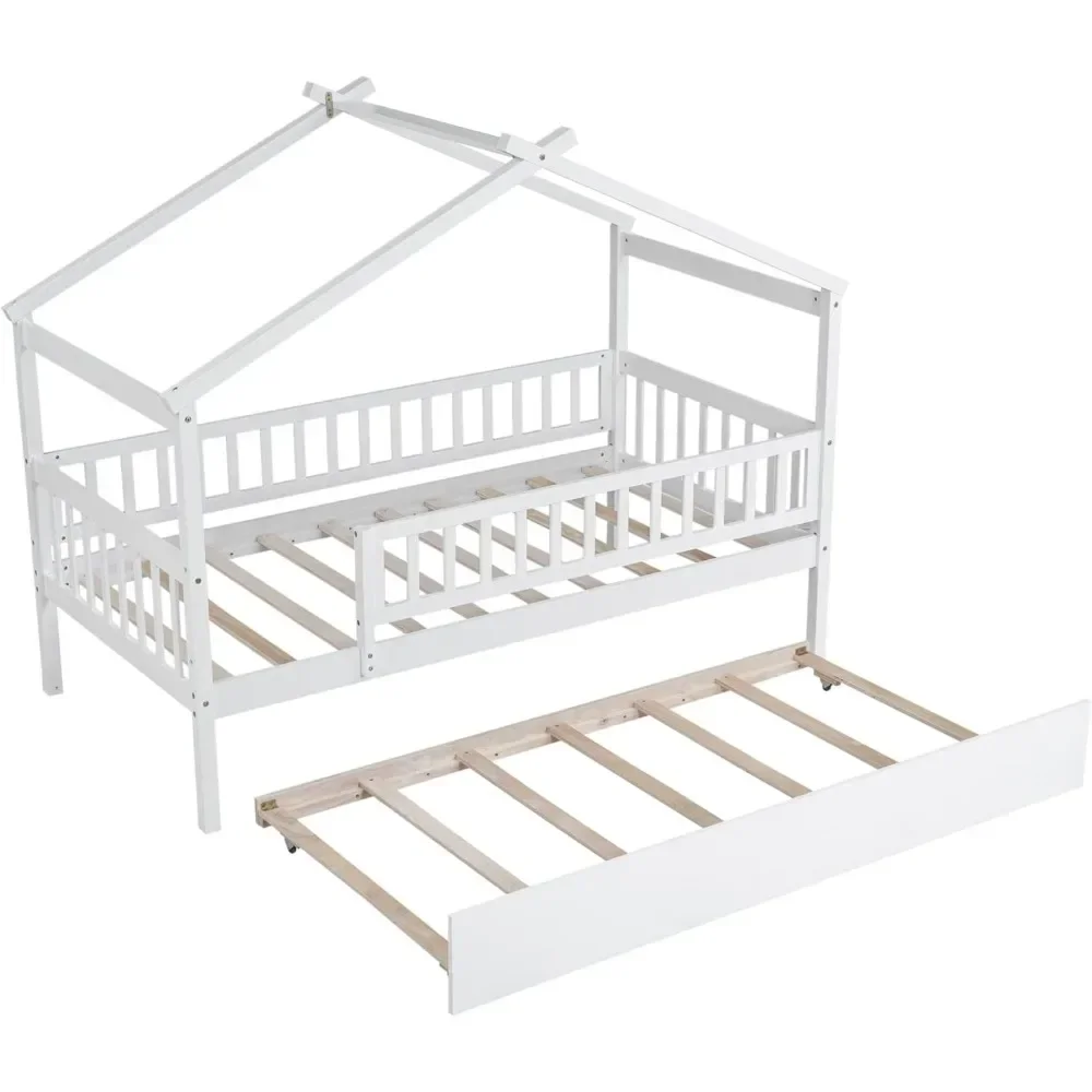 Twin Size Wooden House Bed with Twin Size Trundle for Kids, Wood Platform Bed Frame with Fence, Roof, and Safety Guardrail