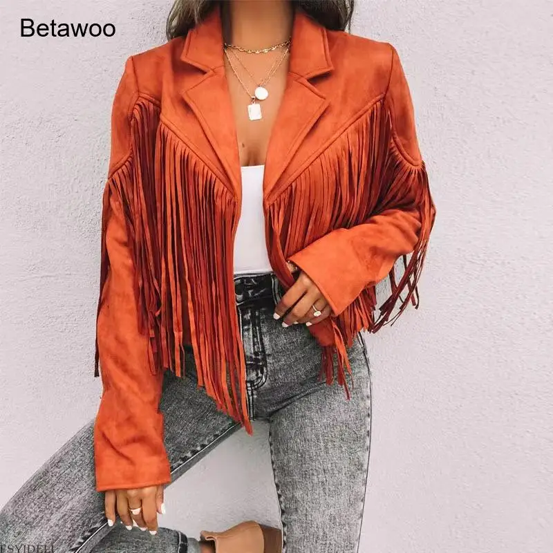 Women's Faux Suede Fringe Jacket - Western Style Orange Cropped Blazer for Party