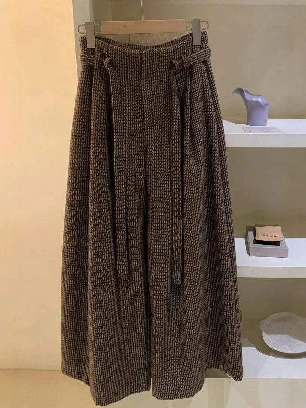 

Retro Plaid Belted Straight Leg Pants Women's Autumn Winter Loose Casual Khaki Wool Wide Leg Pants Cotton Polyester Blend