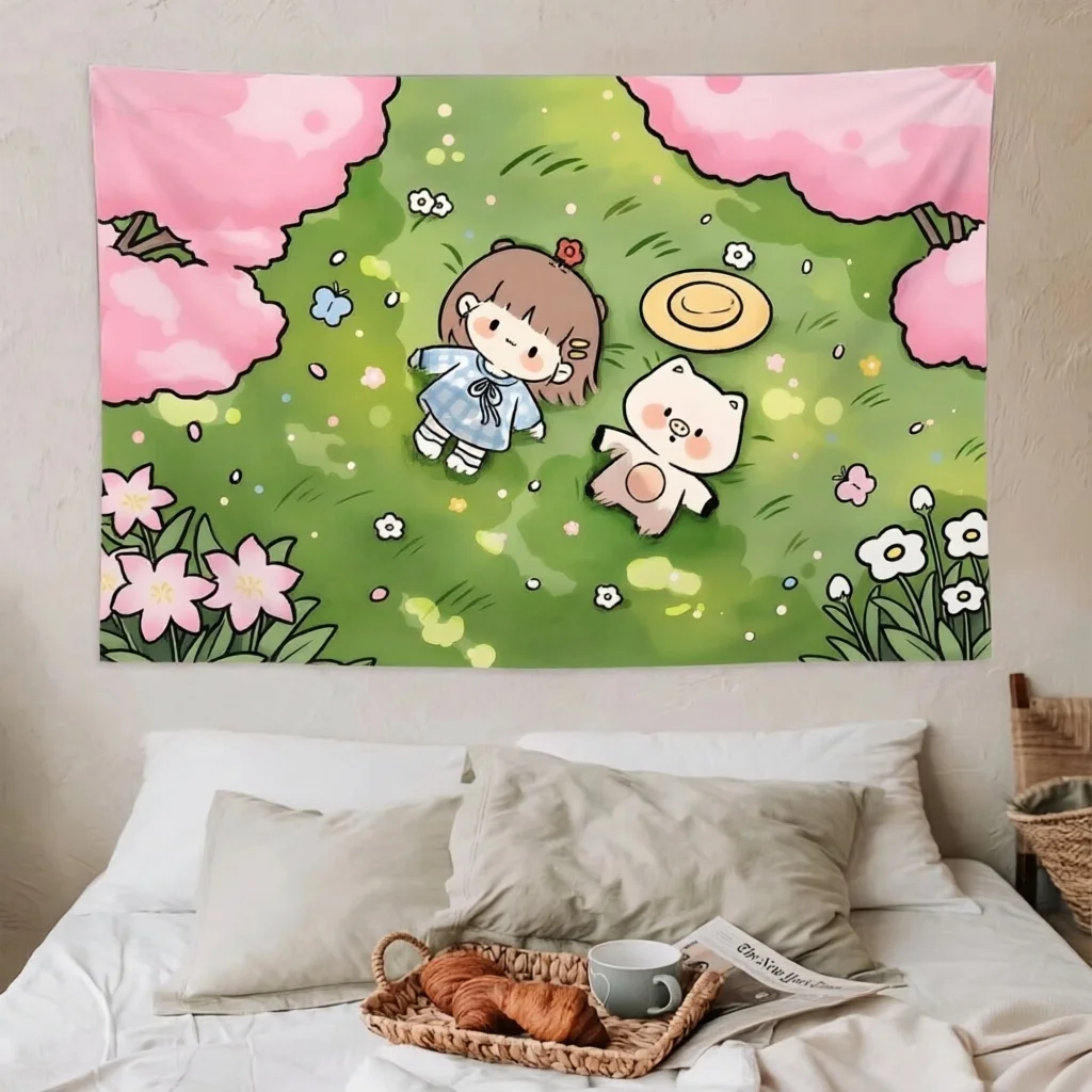 Cute Cartoon Little Girl And Pig Tapestry Kawaii Soft Illustration Decor Aesthetic Cloth For Kids Bedroom Dorm Decor
