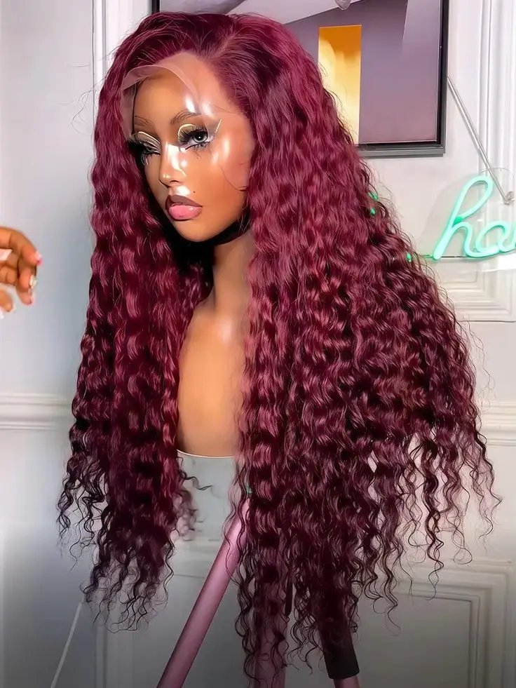 

Предварительно выщипанные бразильские девственные парики спереди, плотность 200%, 99J, темное вино, глубокая волна, парики из человеческих волос для чернокожих женщин