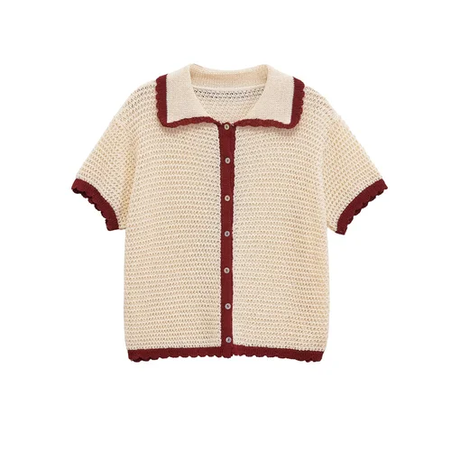 Imagen 2 del producto Nueva moda para mujer, Chaqueta de punto de manga corta con cuello POLO, pantalones cortos de punto simples con temperamento de cintura alta