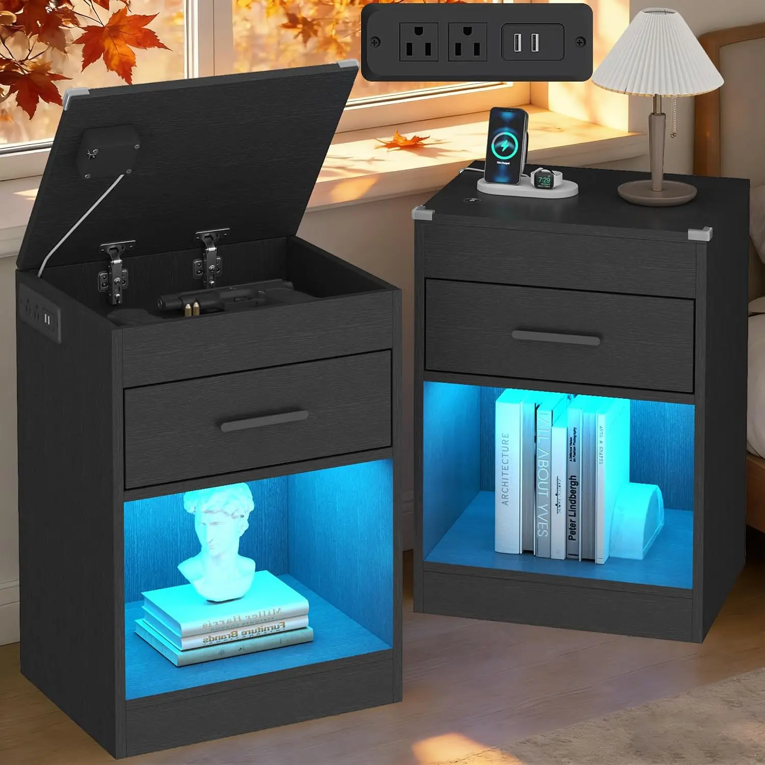 Black Nightstand Set of 2 with Charging Station & RFID Lock,LED Night Stand | Smart Nightstand with Drawer Storage for Hidden Co