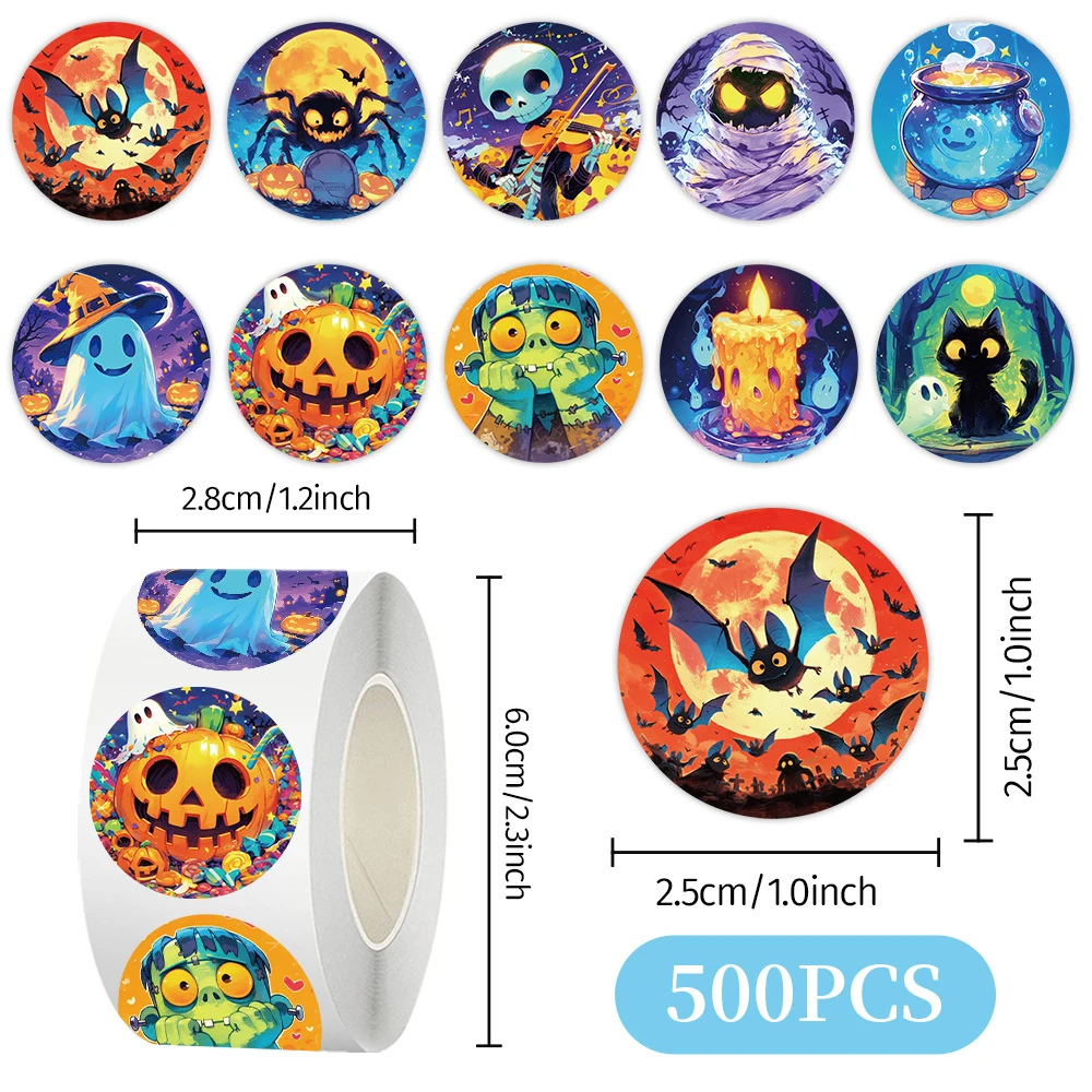

500pcs/Roll Halloween Horror Skull Cartoon Round Sealing Stickers Graffiti Laptop Car Kids Party Favor Decoration Sticker Reward