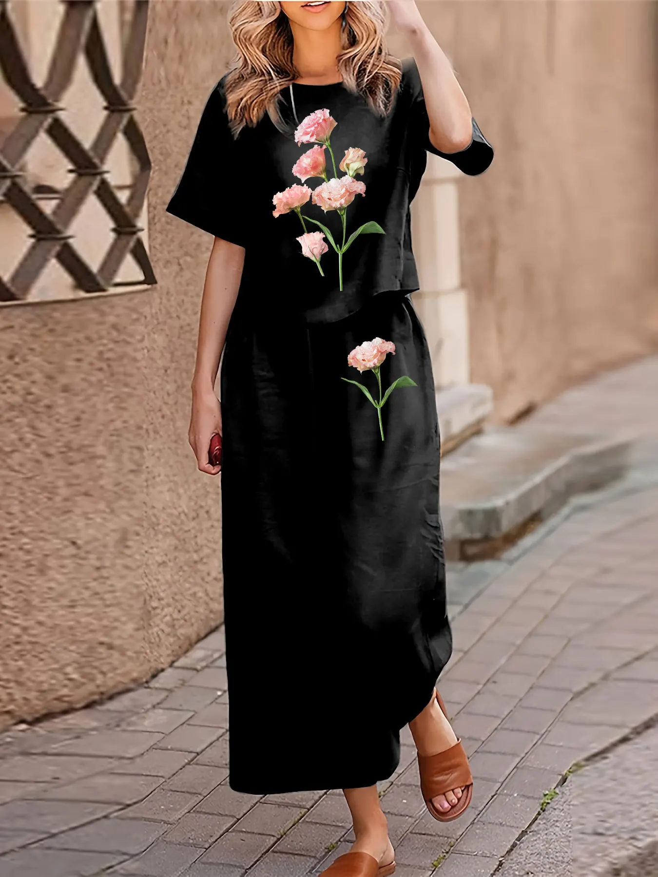 Conjunto informal de dos piezas de talla grande para mujer, traje estampado, camiseta de manga corta, pantalones, conjunto de dos piezas con cuello redondo holgado